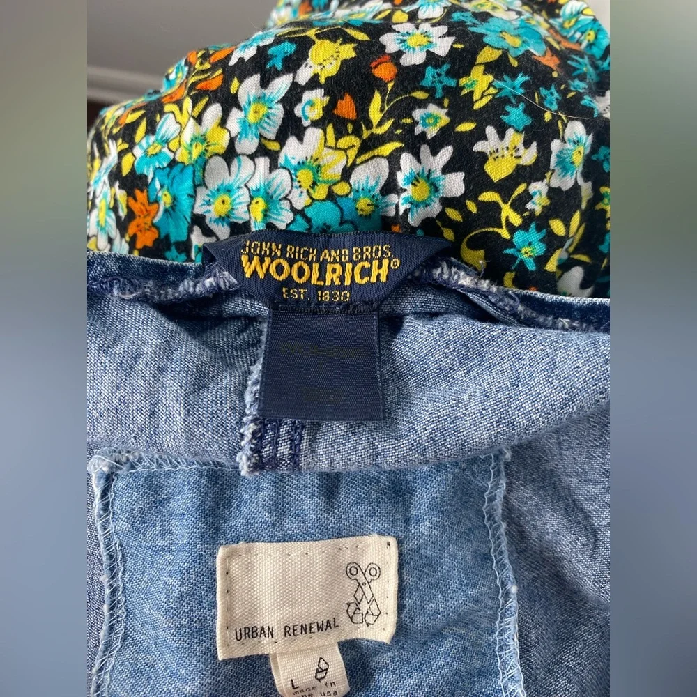 Woolrich Vintage 90s Blue Denim Bib Dress with Teal Floral Skirt Flawed - Picture 7 of 7